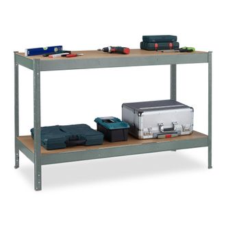 Relaxdays Relaxdays Mesa De Trabajo, 600 Kg, Banco Taller, 91x141x61 Cm, 2 Niveles Regulables, Estante De Acero Y Mdf, Antracita