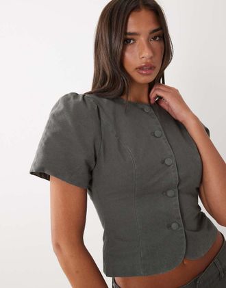 Lioness Femme - Blusa grigia in cotone con maniche a sbuffo e bottoni-Grigio