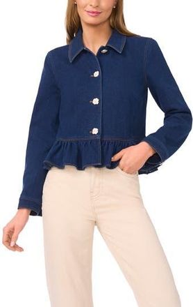 CeCe by Cynthia Steffe Floral Button Peplum Denim Jacket in Mid Indigo at Nordstrom Rack, Size Xx-Large