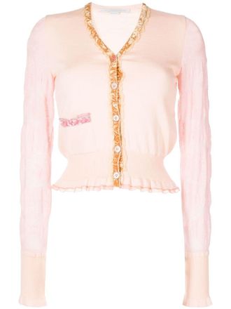 Stella McCartney velvet-trim wool cardigan - women - Virgin Wool/Polyamide/Virgin Wool/Polyester/Viscose - 38 - Pink