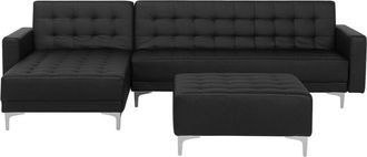 Beliani Sof&aacute; Esquinero 4 Plazas De Piel Sint&eacute;tica Negro Plateado Derecho Con Otomana Chaise Longue Aberdeen