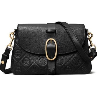 Tory Burch Small T Monogram Soft Pebble Leather Shoulder Bag in Black at Nordstrom
