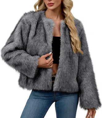 Generic Faux Fur Coat for Women Uk - Soft Comfy Winter Warm Cropped Jackets, Cosy Long Sleeve V Neck Plush Jacket, Ladies Elegant Open Front Cardigans, Windpr