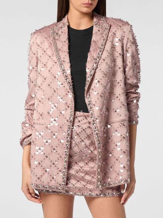 Philipp Plein Cropped Cr&ecirc;pe Blazer with Peak Lapels and Rhinestone Logo