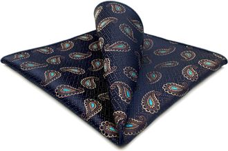 Shlax & Wing Mens Tie Necktie Dark Blue Brown Paisley Matching Pocket Square Only
