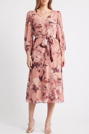 Anne Klein Metallic Stripe Floral Long Sleeve Midi Dress in Rose Mist Multi at Nordstrom, Size 10