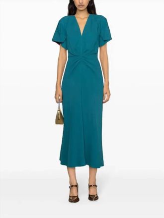 Victoria Beckham Gathered V Midi Dress In Petroleum