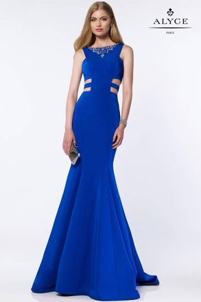 Alyce Paris Long Fit And Flare Side Cut Out Gown In Royal Blue