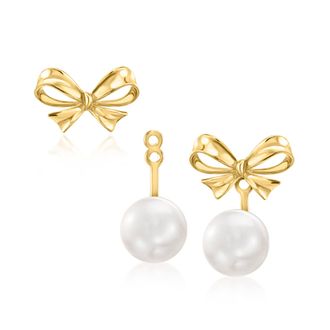 Ross-Simons 10kt Yellow Gold Bow Earrings With Removable 6-6.5mm Cultured Pearl Drops