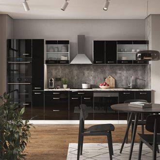 Vicco Mueble De Cocina R-line, Negro Brillo/blanco, 350 Cm Con Armario Alto, Et Roble