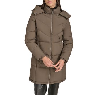 Calvin Klein Womens Hooded Zip Front Puffer Long Sleeve Coat Jacket, Branch, S