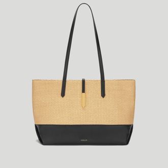 DeMellier The Tokyo Tote in Warm Raffia & Black Smooth Leather Shoulder bag