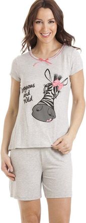 Camille Womens Zebra Motif Short Pyjama Set - Ladies Supersoft Lightweight & Breathable Pyjamas with Elasticated Shorts for Comfort and Style Grey 10-12