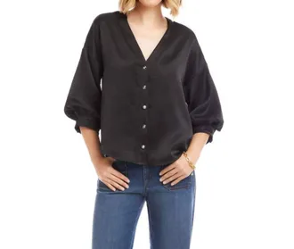 Karen Kane Lantern Sleeve Crystal Rhinestone Button Satin Top In Black
