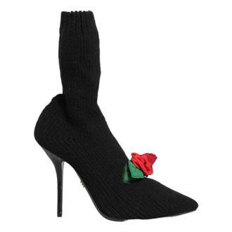 Dolce & Gabbana Heeled Boots, female, Black, Size: 7 US Floral-appliqu&eacute;d Knitted Sock Boots