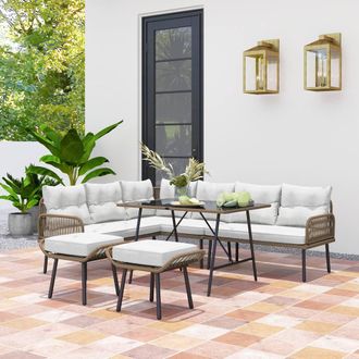 OUTSUNNY Sectional Outdoor Furniture with Glass Top Table in Cream