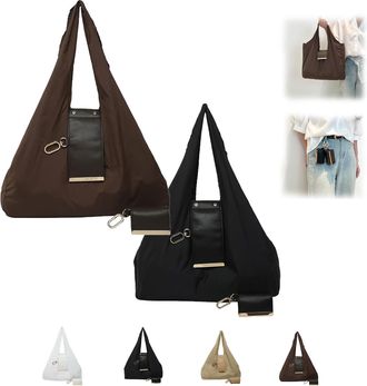 Generic Keychain Tote Bag - Foldable Expandable Shopping Bag with Keyring Clip, Lightweight, Reusable & Stylish (Black+Brown)