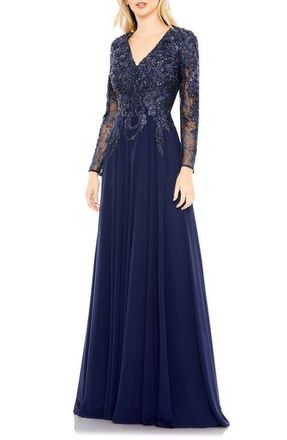 Mac Duggal Embroidered Illusion Long Sleeve V Neck Gown in Navy at Nordstrom, Size 16