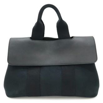 Herm&egrave;s Valparaiso Black Toile Chevron Leather Handbag Tote Bag (Pre-Owned)