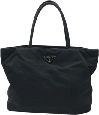 Prada Pre-owned Tote Bags, female, Black, Size: ONE SIZE Pre-owned Nylon Tessuto Triangle Logo Tote Bag