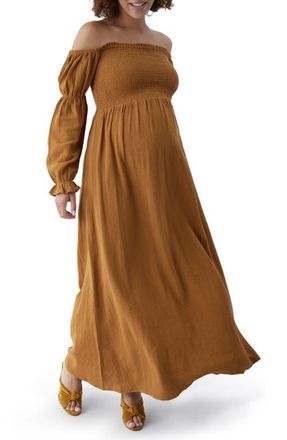 Ingrid & Isabel The Dream Off the Shoulder Long Sleeve Cotton Maternity Midi Dress in Golden Brown at Nordstrom, Size Medium