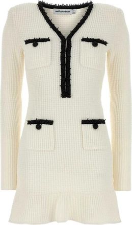 Self Portrait Kleedjes, Dames, Wit, M, Katoen, Witte Parel Trim Gebreide Mini Jurk