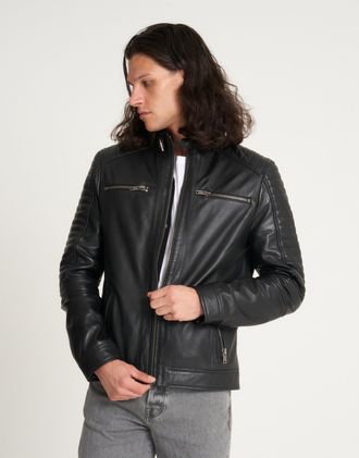 Barneys Mens Real Leather Racer Jacket - Black - Size X-Small