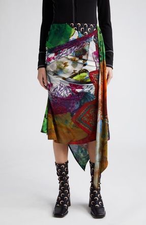 Marine Serre Body Shelter Mixed Print Asymmetric Draped Jersey Skirt in Green Multi at Nordstrom, Size Medium