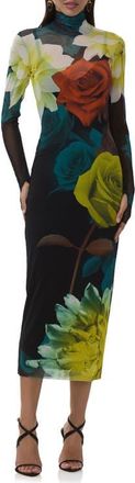 AFRM Shailene Print Long Sleeve Mesh Body-Con Midi Dress in Citron Blossom at Nordstrom, Size X-Large
