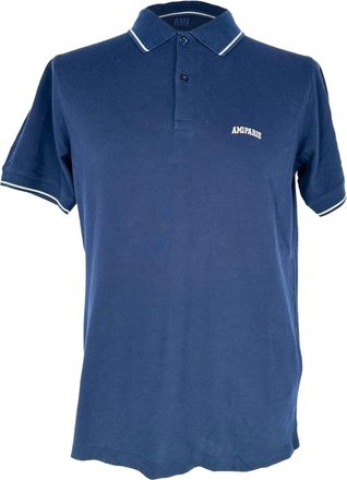 Ami Paris Logo-Embroidered Polo Shirt in Navy Blue Cotton