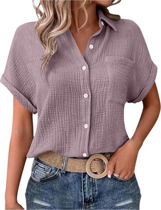 Generic Womens Short Sleeve Shirts UK Summer Solid Color Button Down Collared Tops 2025 Fashion Lightweight Loose Fit Blouse Dressy Casual Going Out T-Shirt L