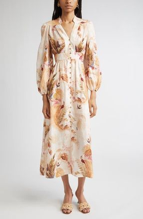 Zimmermann Ascension Print Linen Midi Dress in Cream Palm Floral at Nordstrom, Size 0P