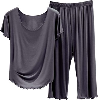 Generic Womens Solid Color Pajamas Round Neck Short Sleeved Pajamas And Capris Pajama Set cooling Pajamas For Women Womens Plus Pajama Set (B, L)