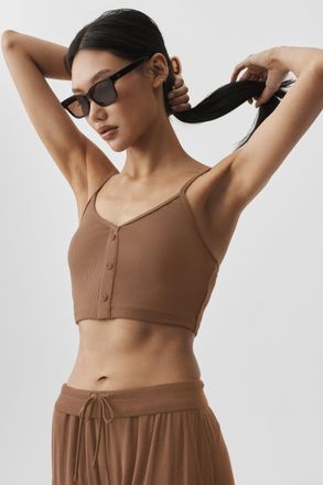 Alo | Ribbed Delicate Lounge Tank Top in Sun Kissed Brown, Size: Medium