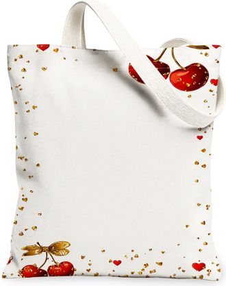 Generic Cherries Heart Canvas Tote Bags, Floral Pattern Reusable Grocery Bags, ValentineS Day Lightweight Washable Canvas for Trav, White, 13x15 Inch