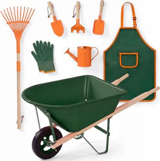 Best Choice Products Kids Gardening Tool Set 8 Piece with Wheelbarrow, Metal Tools, Apron, Gloves Ages 3+