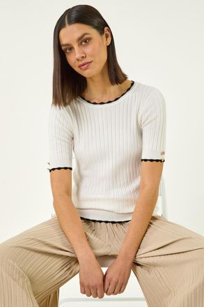 Roman Button Detail Ribbed Knit Top