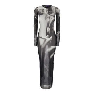 Jean Paul Gaultier Kleedjes, Dames, Zwart, M, Lange jurk met print van rokende vrouwen