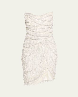 Pamella Roland Strapless Fringe Embroidered Tulle Mini Cocktail Dress