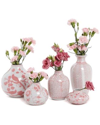 Two's Company Set Of 5 Pink Chinoiserie Vases