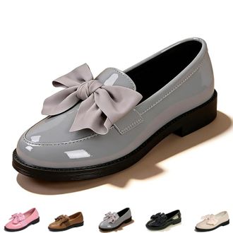 Generic 2026 New Womens Cute Bowknot Design Loafers, Patent Leather Slip On Flat Shoes with Low Square Heel for Women (Gray,6.5)