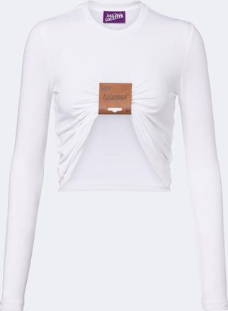 Jean Paul Gaultier Gathered leather-trimmed jersey top