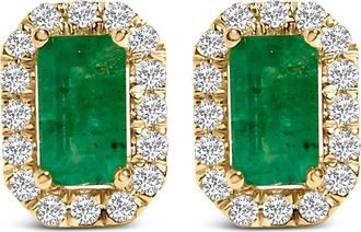 House of Brilliance 14K Yellow Gold Green Emerald and 1/8 Ct Diamond Halo Octagonal Stud Earrings at Nordstrom
