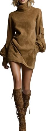 Generic Womens Vintage Loose Suede Turtleneck Mini Dress, Solid Color Stand Collar Lantern Sleeve Loose Short Dresses (Khaki,M)