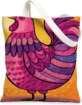 Generic Artistic Peach Bird Canvas Tote Bags, Colorful Feather Pattern Reusable Grocery Bags, Summer Lightweight Washable Shoulder, Peach, 13x15 Inch