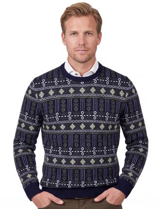 Barbour trui navy groen geprint Grangetown Fair Isle Crew wol