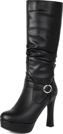 Generic Womens Slouchy Knee-High Boots Faux Leather Platform Stiletto Heel Buckle Detail Comfortable Fit Non-Slip Wear-Resistant Sole for Evening Date Party,B