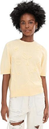 Vince Camuto Floral Applique Short Sleeve Crew Neck Womens Clothing Light Lemon : SM, Cotton