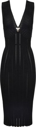 Elisabetta Franchi V-hals Midi Jurk - Dames - Casual kleedjes - Zwart - L - Leer - Kleedjes