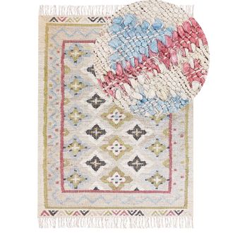 Beliani Alfombra De Yute Beige Verde Azul Marr&oacute;n Rosa 160 X 230 Cm A Mano Borlas Terkos